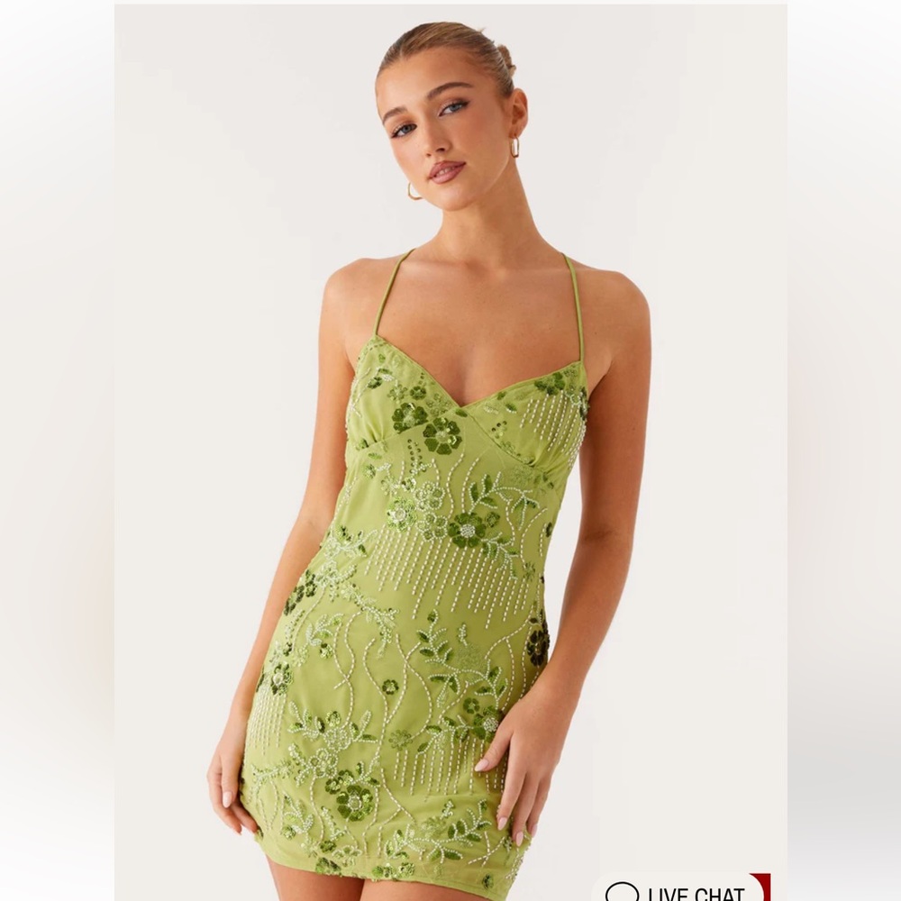 PepperMayo Lime Green Beaded Spaghetti Strap Mini Dress